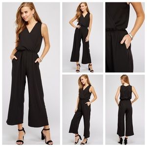 Wide leg crop, surplice cut jumpsuit in black